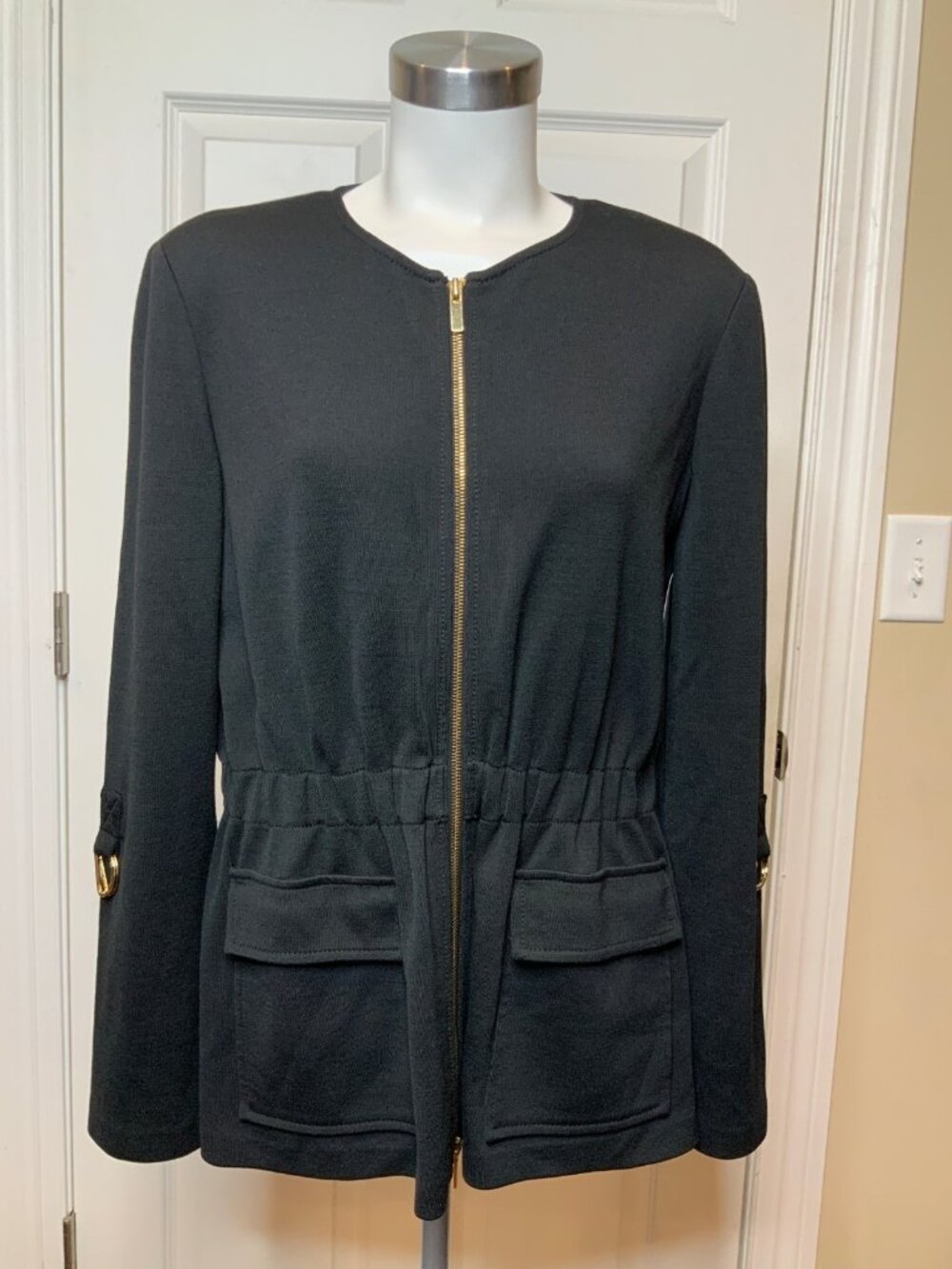 St. John Black Wool Zip Up Ruched Waist Jacket, Size 4
